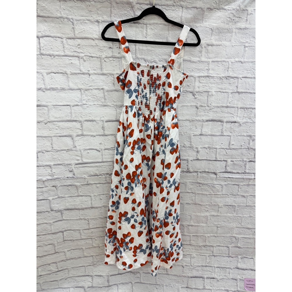 Reformation Balia Linen Strawberry Print Basque Waist Midi Dress White Red Sz 2 - Picture 9 of 16